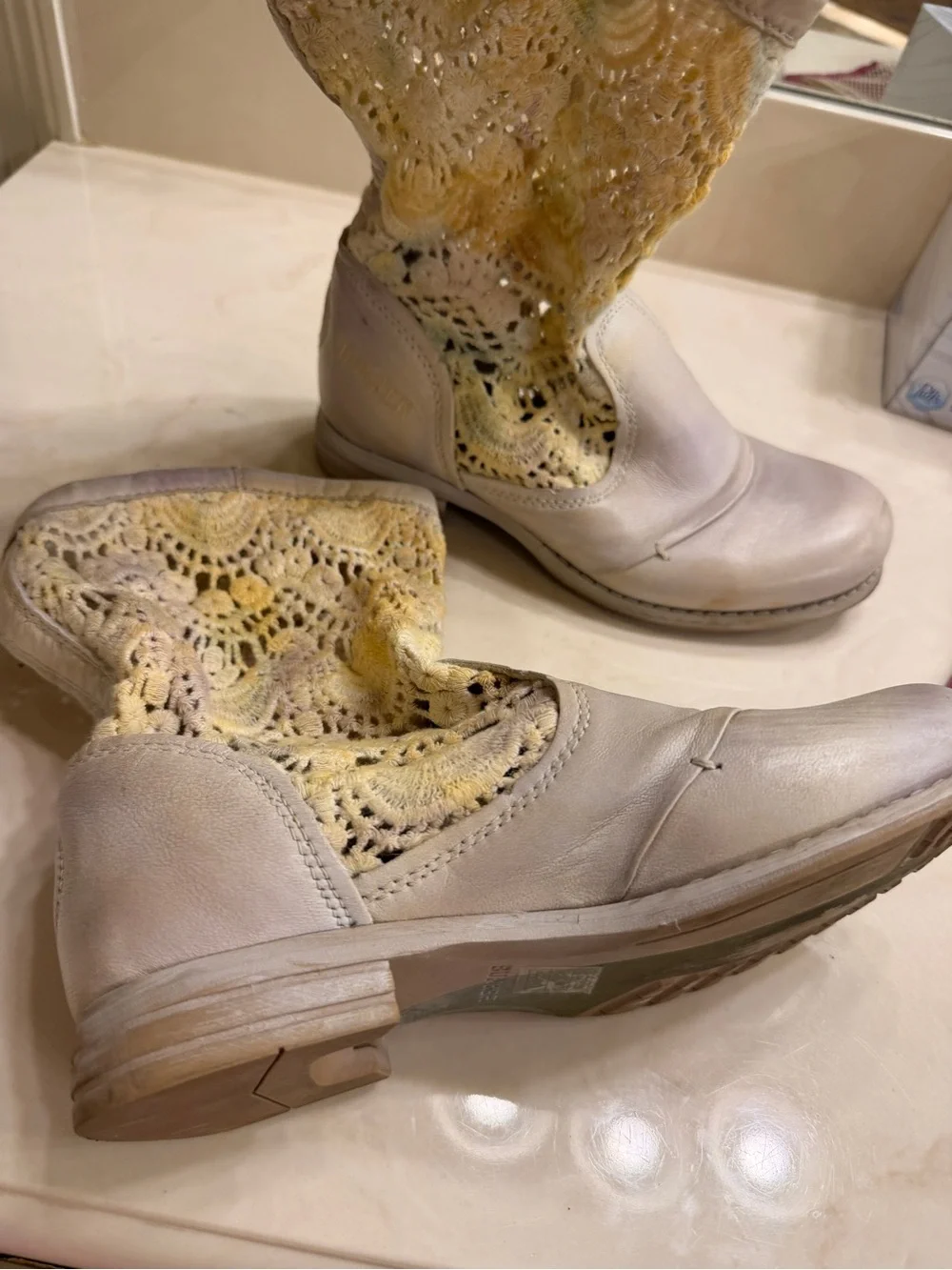 Women's Cream Leather Ankle Boots with Yellow Crochet Cuff